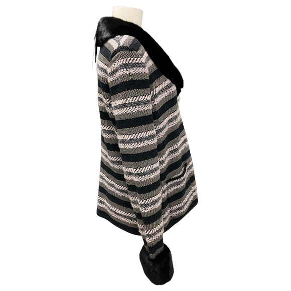 RENA LANGE SLATE / BLACK MULTI MINK FUR TRIMMED WOOL KNIT CARDIGAN SWEATER - Picture 2 of 6